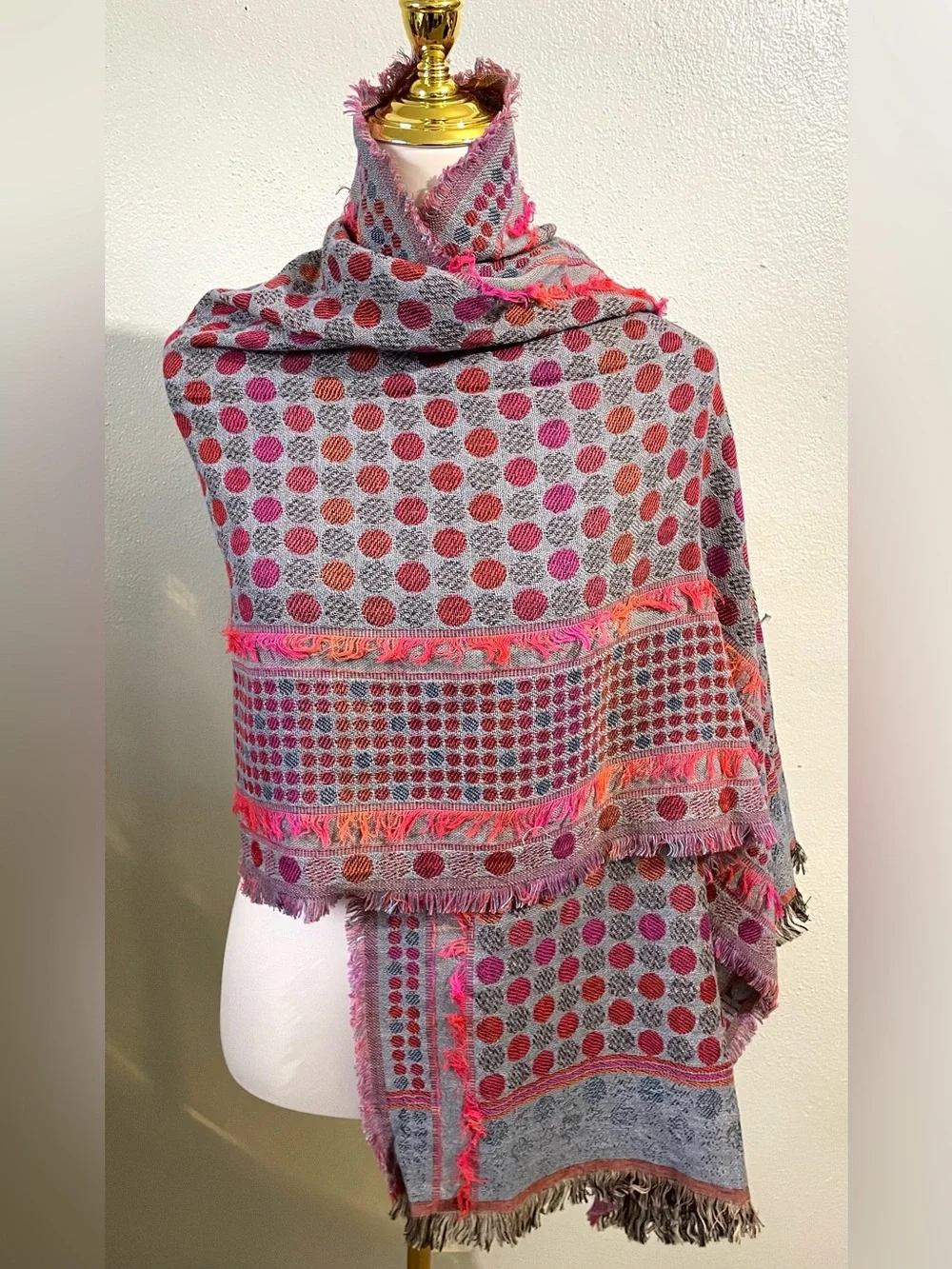Mi Princena Ines NWT Gray Pink Polka Dot Woven Shawl Wrap Fringe Wool Scarf